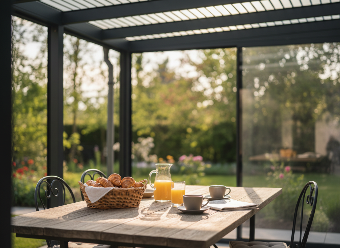Sonniger Morgen unter der Terrassenüberdachung