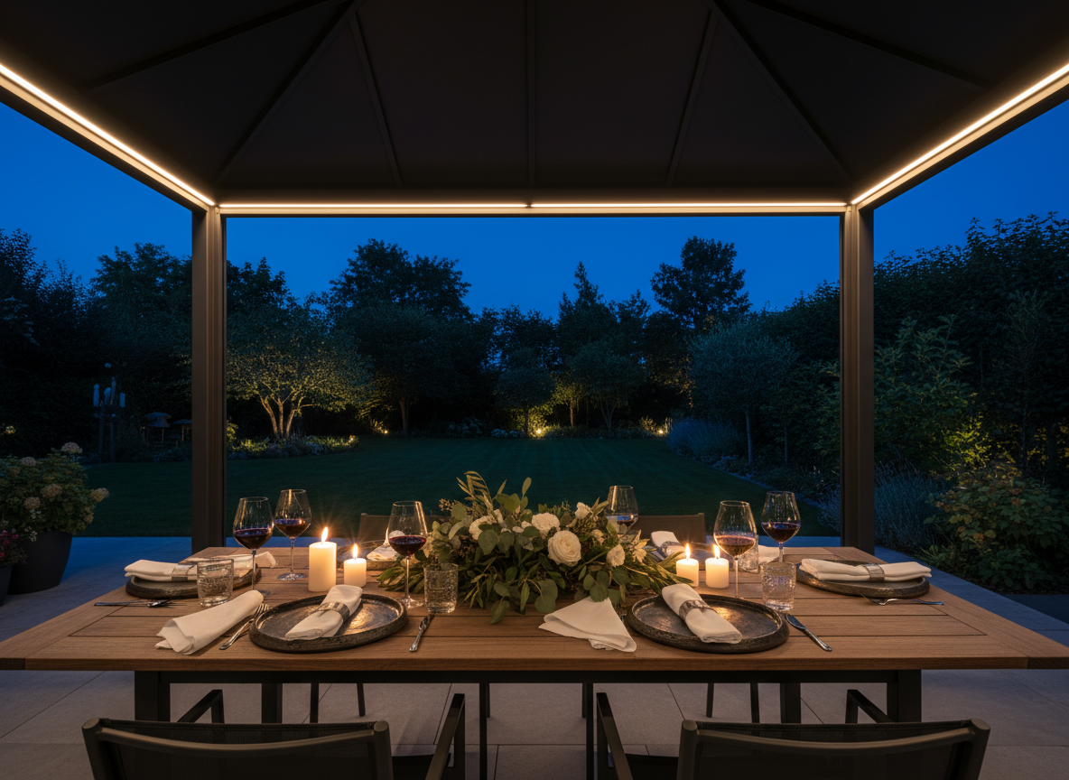 Abendessen unter der Terrassenüberdachung mit Kerzen
