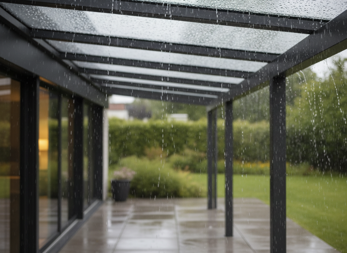 Regen auf dem Glasdach der Terrassenüberdachung
